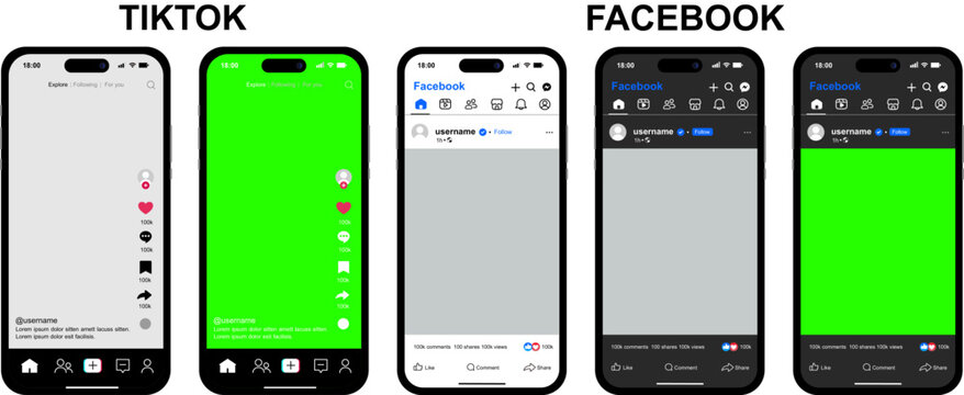 Tiktok and Facebook mobile app interface, Vector smartphone mockups with screens, Green screen and blank placeholders on white