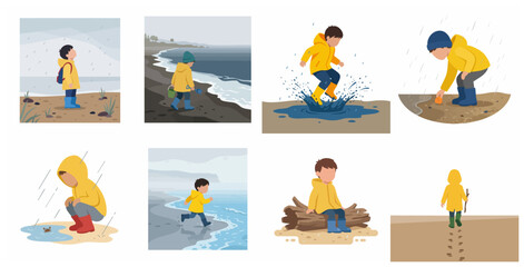 Vector set of a young boy in a yellow raincoat and boots playing in puddles and exploring the beach on a rainy day