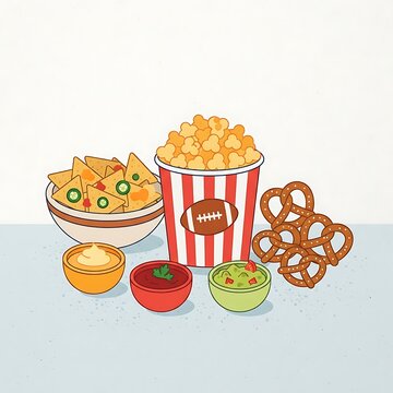 Football themed party snacks with nachos popcorn pretzels