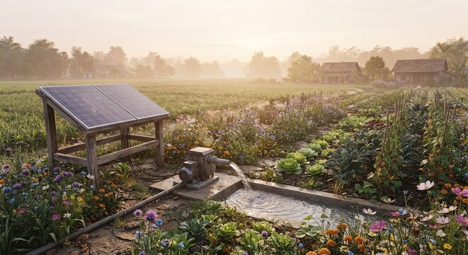 Solar powered water pump irrigating vegetable garden in rural farm
