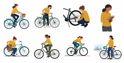 Naklejka premium Vector illustration set of diverse women riding, repairing, and commuting with bicycles, highlighting healthy urban lifestyle and eco-friendly transportation.