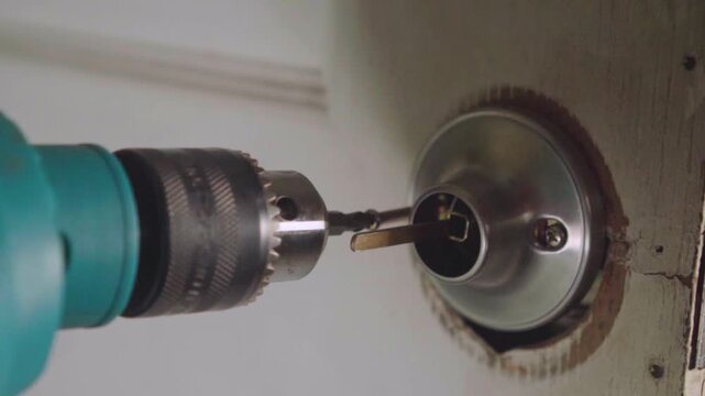 Close up of a locksmith drilling a metal door lock