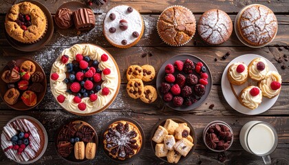 Fototapeta premium Assorted baked goods on rustic table include cakes, muffins, and tarts with berries and cream