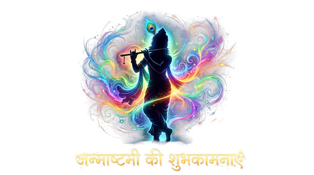 Lord krishna playing flute with colorful smoke isolated on transparent background