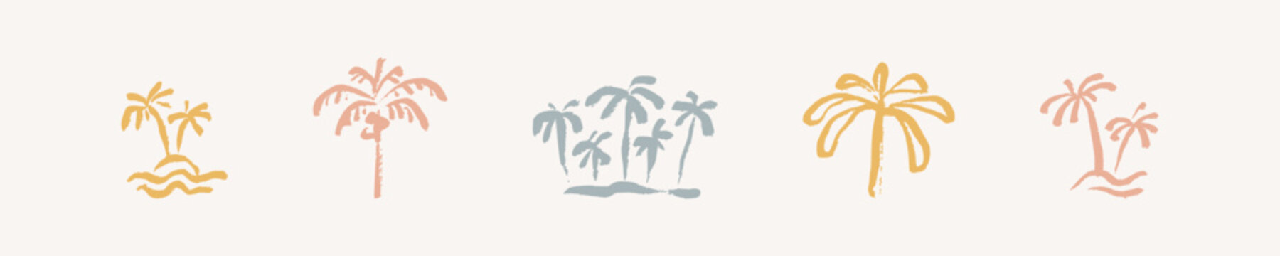 Hand drawn coco palm tree doodle icon set. Summer tropical beach, surf club logo crayon, chalk, pencil, pastel, paint brush sketch. Grunge boho minimal retro design element. Scrapbook outline clip art