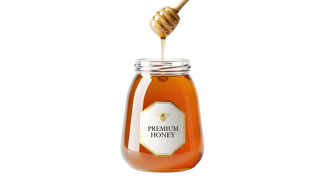 A delectable jar of golden honey with a wooden dipper beautifully presented and isolated on transparent background