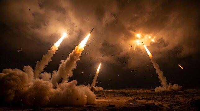 Multiple military ballistic missiles launching simultaneously at night producing massive fiery plumes and smoke clouds
