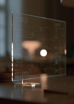 Computer monitor on a wooden desk. the monitor is turned on and the screen is displaying a code or programming code. the background is blurred, but it appears to be a room with a window and a plant.