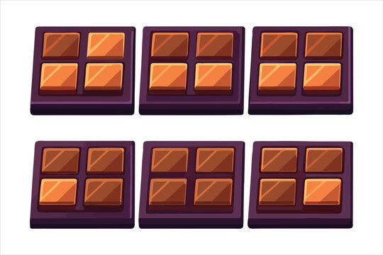 Six chocolate bars with four squares each isolated on transparent background