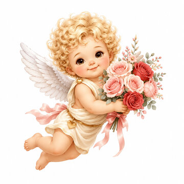 Flying baby cherub with curly blonde hair and white wings holding a bouquet of pink and red roses with a pink ribbon. Soft watercolor-style illustration on white.
