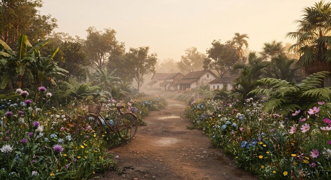 Vintage bicycle on dirt path in rural tropical village at sunrise