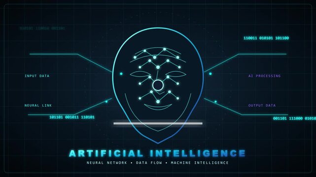Digital human face recognition interface displays scanning technology with blue binary code motion animation for modern cybersecurity systems video footage