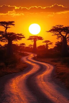 Road and Baobab Alley on the island of Madagascar at sunset. Rural Road and Huge Trees in Africa at Sunset