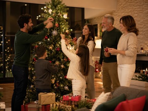 Navidad in Spanien: Mehrgenerationenfamilie schm&uuml;ckt gemeinsam einen festlich beleuchteten Weihnachtsbaum im gem&uuml;tlichen Wohnzimmer, umgeben von Geschenken und warmer Weihnachtsstimmung.