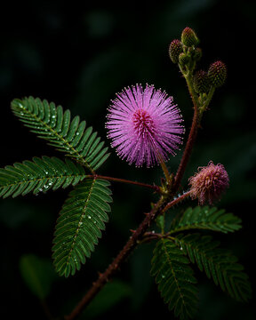 Mimosa Pudica Pink Flower and Sensitive Plant Leaves Close Up
