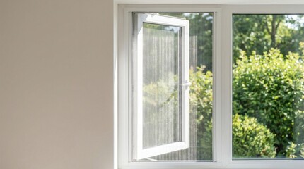Fototapeta premium Open white pvc window with insect screen, view of green garden foliage
