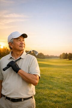 Senior asian golfer on green golf course at sunset for outdoor leisure background and sports banner