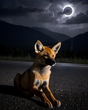 A maned wolf pup in an eclipse shadow