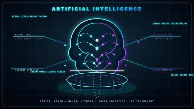 Artificial intelligence glowing neural network brain animation showing complex data processing and binary code streams in this digital motion footage