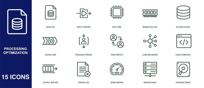 Set of linear computer processing and data optimization icons for software development and web interface design