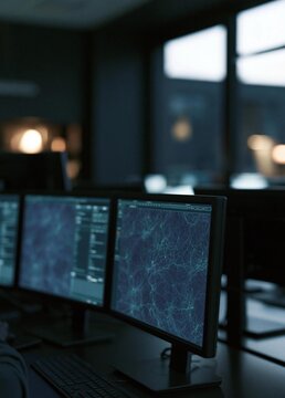Three computer monitors on a desk in an office. the monitors are arranged in a row and are facing each other. the desk is made of wood and has a keyboard and mouse in front of them.