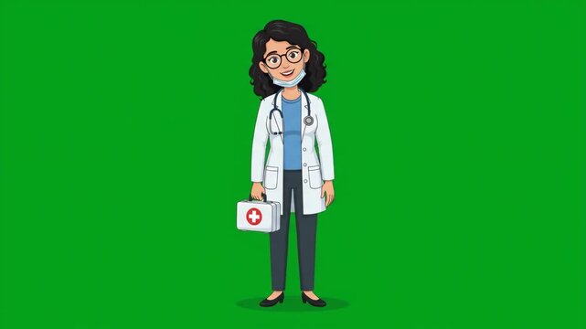Female doctor cartoon character holding a first aid kit on a green screen background, ready for medical assistance and healthcare.