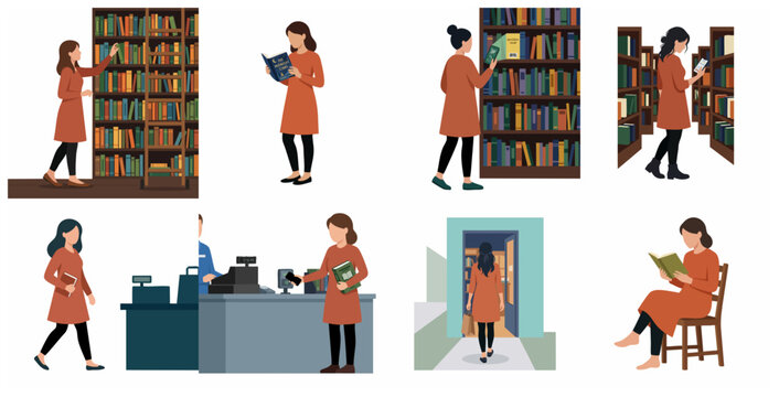 Flat illustration set of a young woman's visit to a bookstore, browsing bookshelves, reading, and purchasing books.