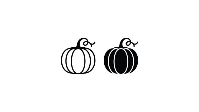 Stylized pumpkin illustration set featuring outline and solid black designs with curved stems, seasonal vector artwork symbolizing autumn, harvest, Halloween, and festive decoration