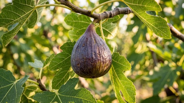 Ripe fresh purple fig hanging on a tree branch in a summer garden