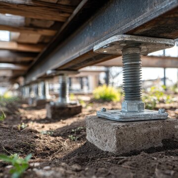 Heavy duty adjustable leveling jacks supporting a metal beam structure on a construction site. Suitable for engineering and structural support.