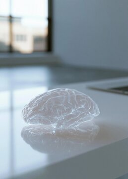 Close-up of a transparent brain on a white surface. the brain is in focus, while the background is blurred, but it appears to be an empty room with a window on the right side.