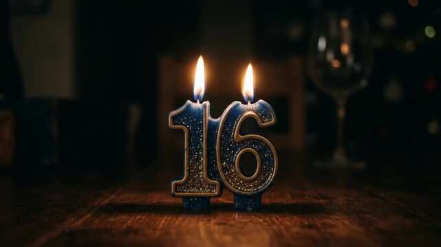 Sweet Sixteen Birthday Candles Burning with Glowing Flame on Dark Wooden Table