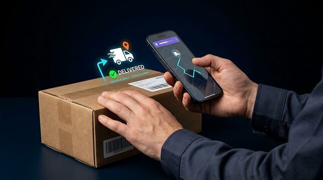 Hands holding smartphone with digital delivery tracking interface and holographic confirmation over cardboard package