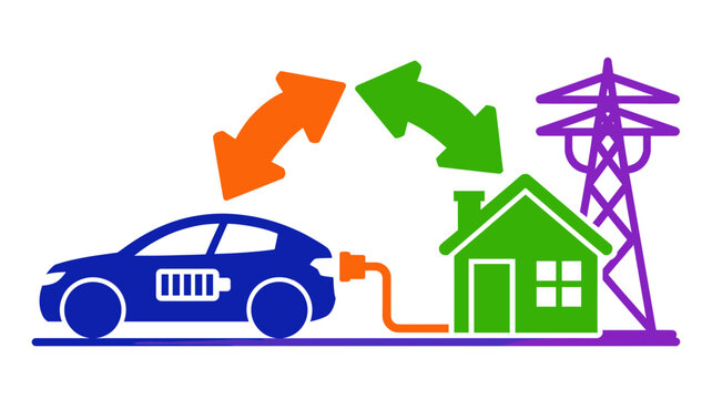 Electric vehicle V2H charging system vector, smart home energy management icon, bidirectional power flow between EV and house