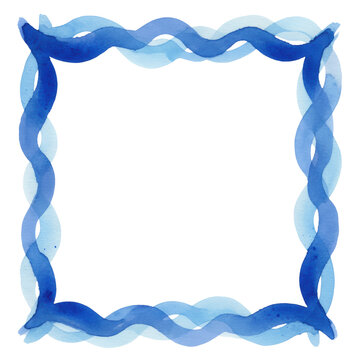 A hand-painted blue watercolor wavy border on textured white paper with central negative space even lighting and pigment granulation serene artistic atmosphere