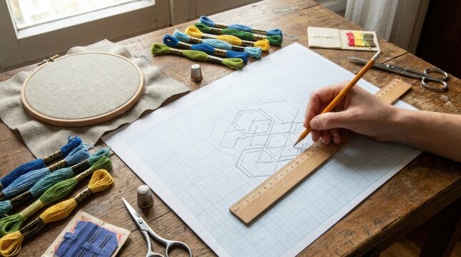 Craft workspace with embroidery hoop, colorful thread, scissors, fabric and garden planning sketches for creative homestead self sufficiency project