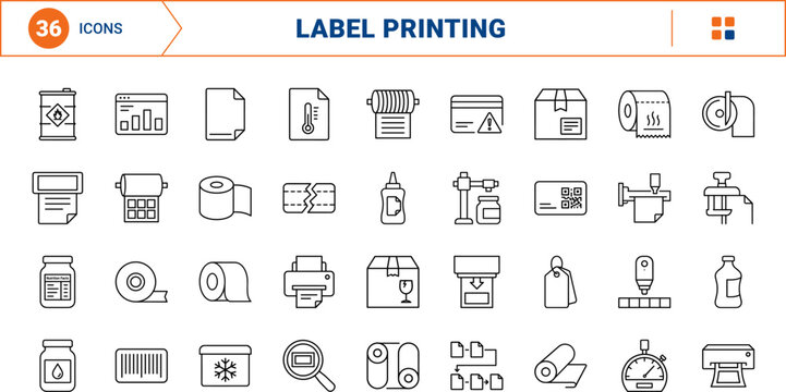 Label Roll Print line icon set. Vector pictograms of packaging, flexography, conversion, and sticker elements, thin linear illustration.