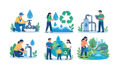 Fototapeta premium Illustrations depicting water conservation and environmental responsibility in daily life