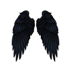 Naklejka premium Expansive, symmetrical raven wings with detailed, iridescent obsidian black feathers, outstretched and isolated on a transparent background, stylized vector art illustration conveying gothic mystery