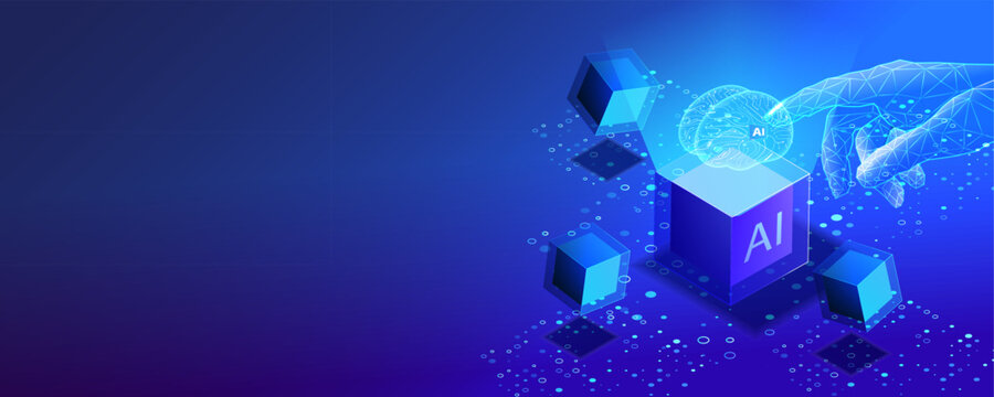 Isometric vector of AI controlling blockchain banner with a digital hand, circuit brain, cloud computing and smart data network. Futuristic technology concept for automation and cybersecurity 