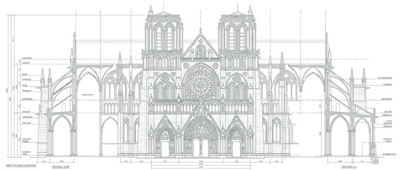 Obraz premium Architectural Blueprint Drawing of Grand Gothic Cathedral Facade