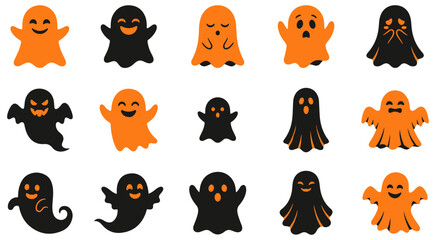 Fototapeta premium Collection of cute cartoon ghosts in orange and black for halloween designs