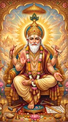 Obraz premium Divine Golden Radiance of Lord Vishwakarma - Devotional Painting