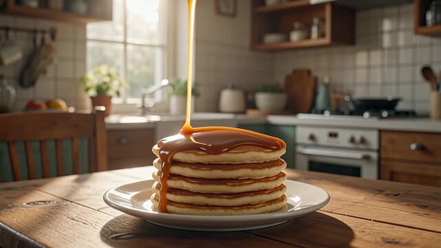 A thick caramel drizzle resting on a stack of pancakes on a wooden table in a co