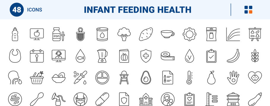 Pediatric Nutrition Plan line icon set. Vector pictograms of diet, feeding, health, and growth elements, thin linear illustration.