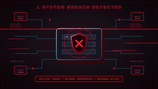 System breach alert flashing on digital interface showing compromised network nodes with critical red warning lights in motion video animation