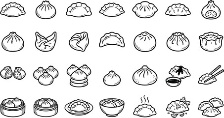 Obraz premium Dumpling line art vector collection featuring traditional gyoza, baozi, dim sum steamers, wontons, and minimalist Asian food culinary outline icons.