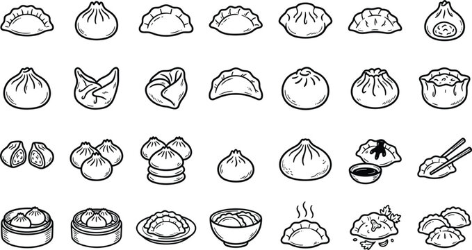 Dumpling line art vector collection featuring traditional gyoza, baozi, dim sum steamers, wontons, and minimalist Asian food culinary outline icons.