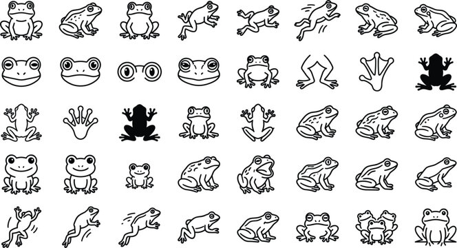 Frog vector line art icon collection featuring hopping toads, smiling faces, webbed feet, silhouettes, and minimalist organic amphibian wildlife outlines.