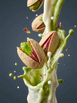 Pistachios splashing in creamy green milk on a dark grey background